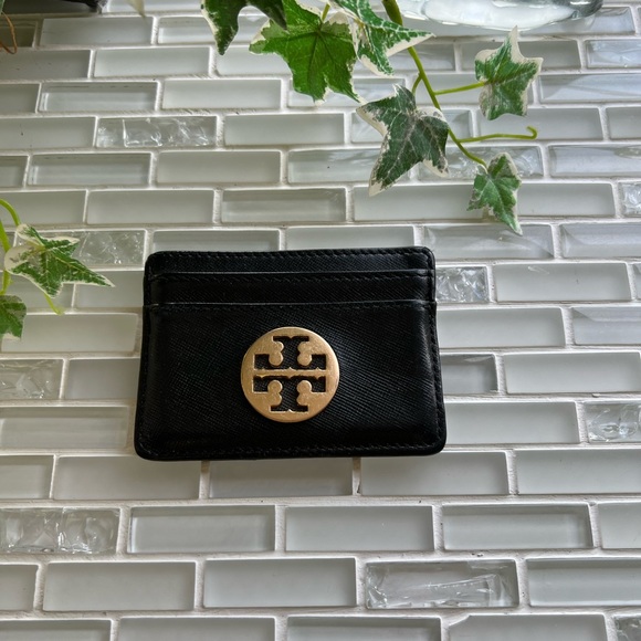 Tory Burch Logo Black Leather Card Holder Small Wallet 4”x 3” - Picture 2 of 8